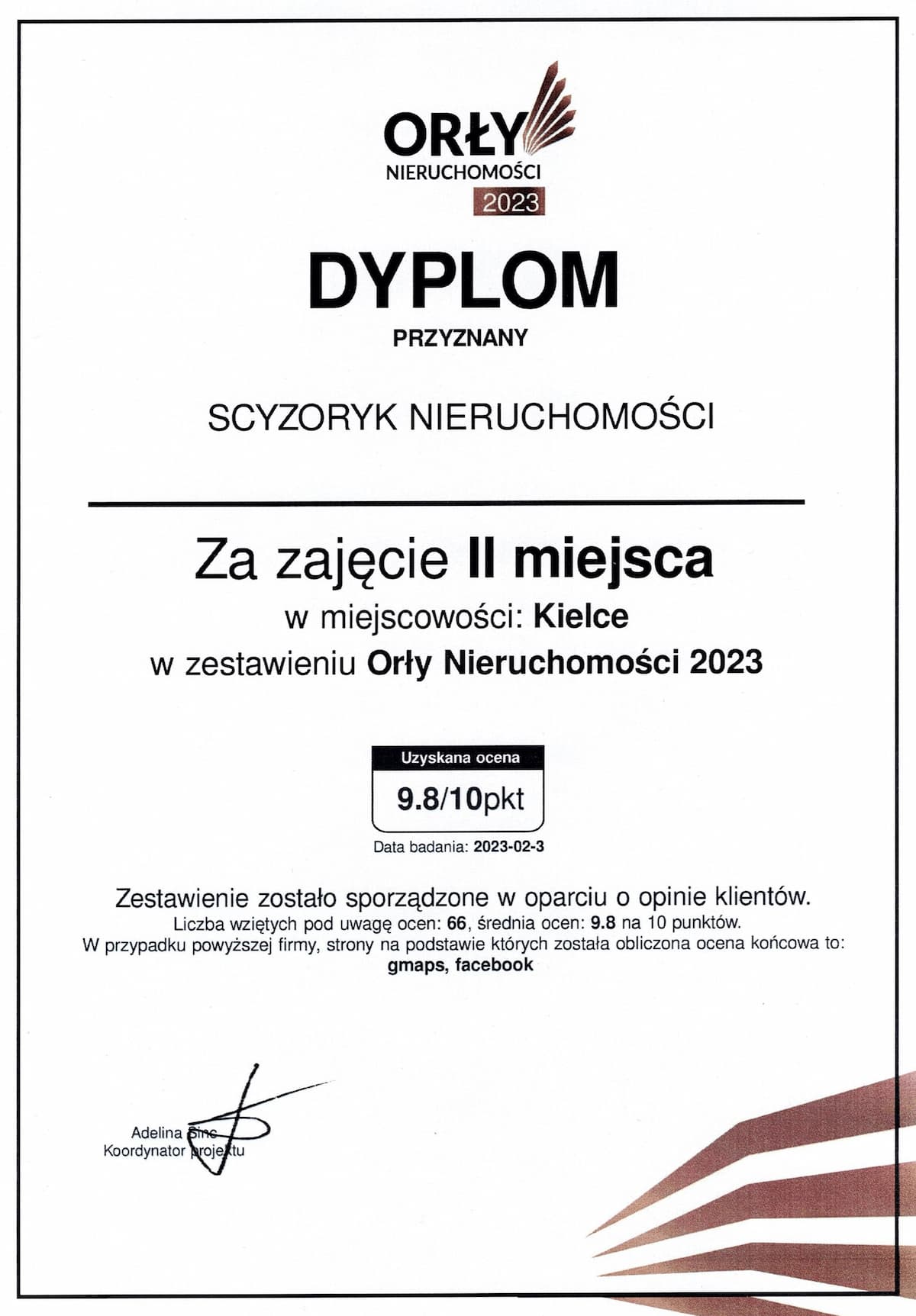 Certyfikat Orły Nieruchomości 2023 Kielce - Laureat II miejsca Scyzoryk Nieruchomości