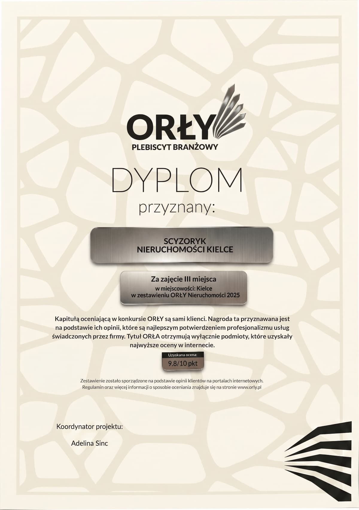 Dyplom Orły Nieruchomości 2025 Kielce - III miejsce dla biura Scyzoryk Nieruchomości