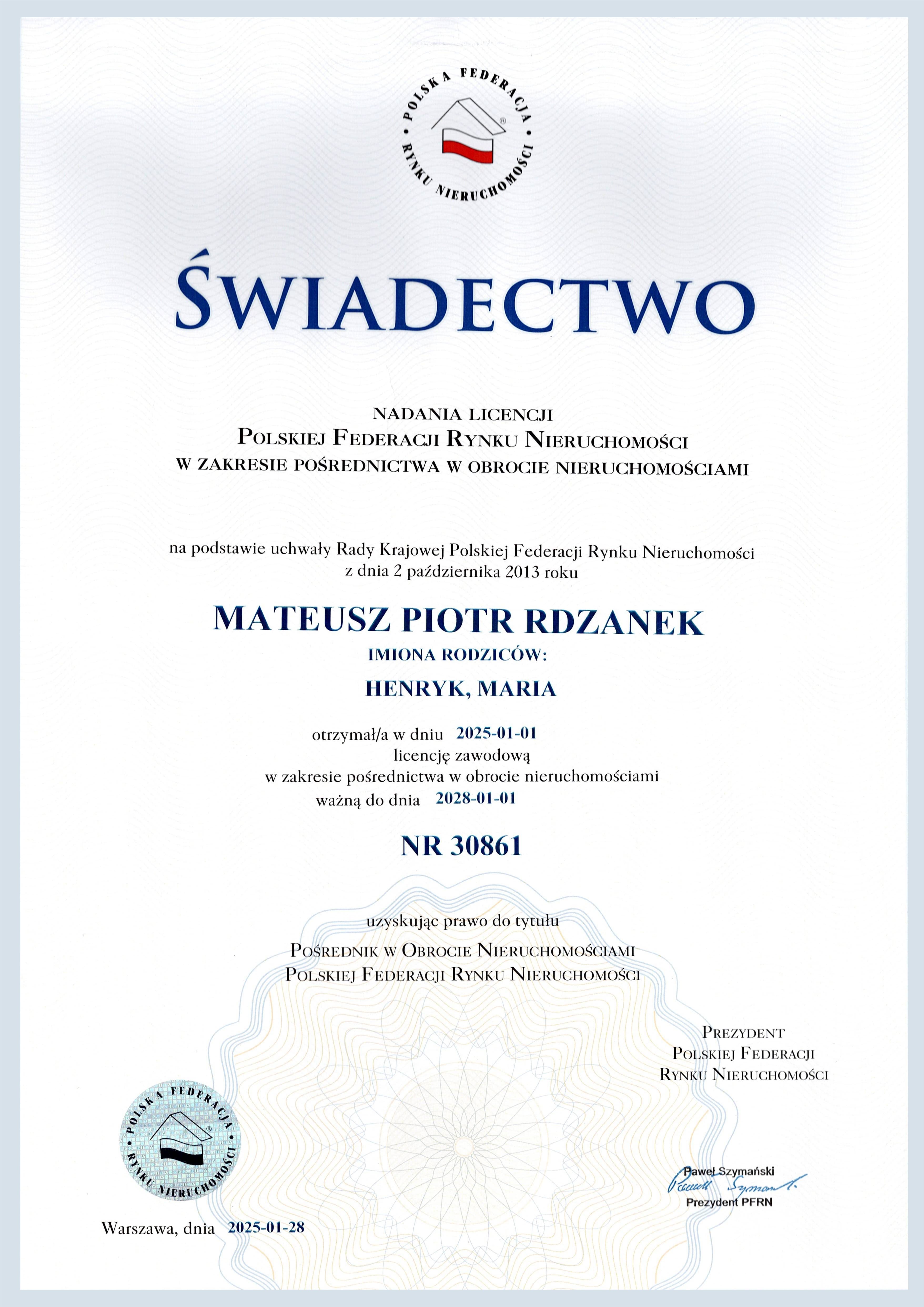 Licencja Pośrednika w Obrocie Nieruchomościami PFRN nr 30861 - Mateusz Rdzanek Kielce
